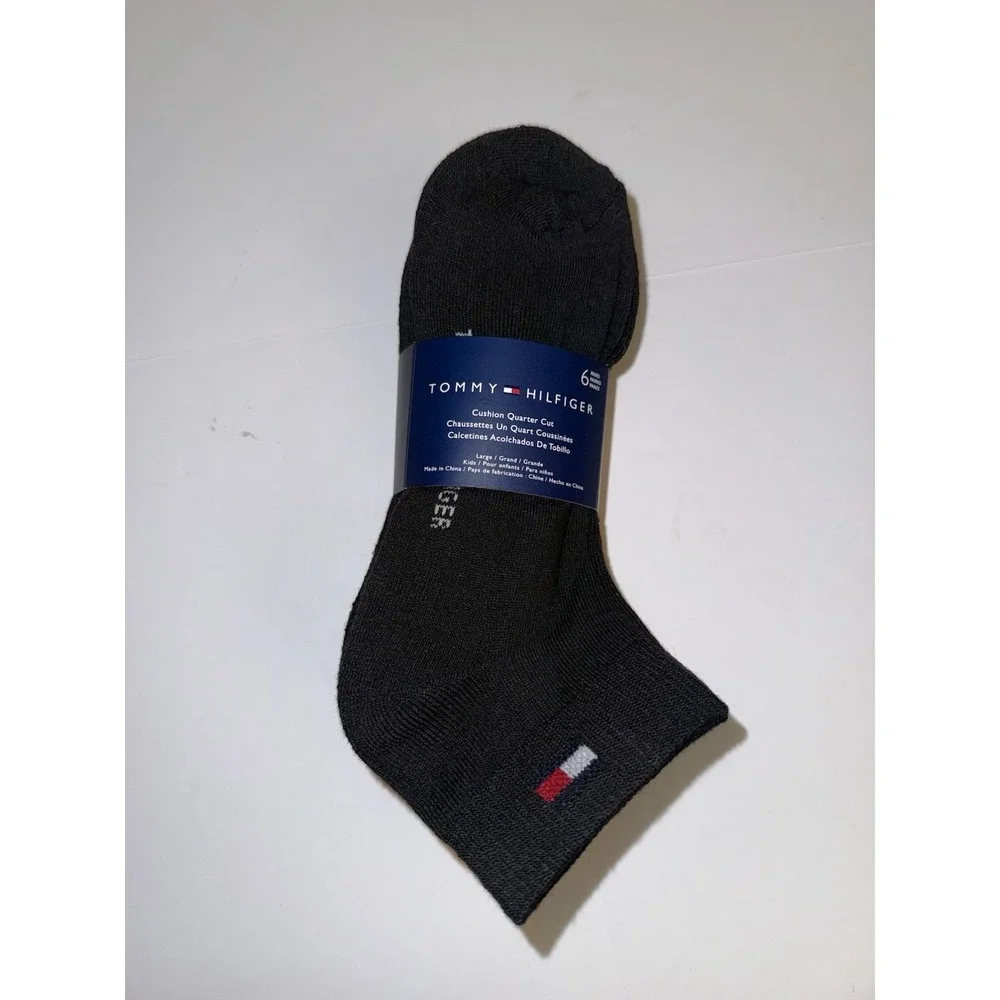 Tommy Hilfiger Boys 6 Pack Quarter Socks Black Large Cushioned Logo Kids NWT
